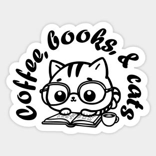 Cute Coffee, books, & cats Kitten with glasses Sticker